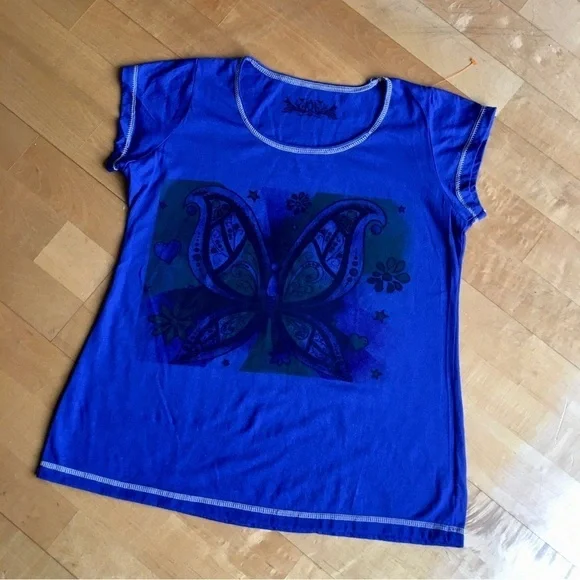 Butterfly Graphic Short Sleeve Tee, Royal Blue, Green, Black, Size XS - Picture 13 of 15